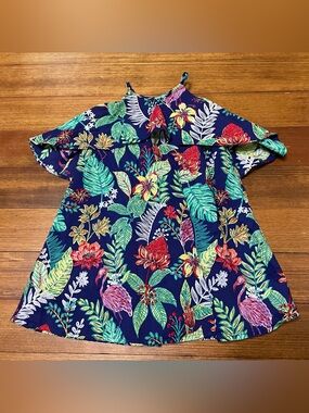 Janie and Jack Navy Tropical Floral Cold-Shoulder Dress Size 3